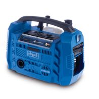 Hybrid-Kompressor Airforce 6 Scheppach, Ansicht von vorne. Der Kompressor hat zwei USB-Anschlüsse und drei Antriebsarten.