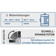 Die Bandsäge BASA3 von Scheppach verfügt über zwei Motorleistungen: 1100 W bei 220-240 V / 50 Hz und 1100 W bei 400 V / 50 Hz. Sie hat ein Schnellspannsystem für schnellen Bandsägeblattwechsel.