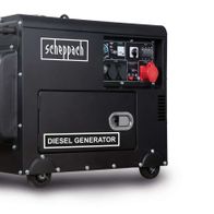 Diesel Stromerzeuger DPG5200-BE Scheppach, seitliche Ansicht mit Bedienfeld und Steckdosen. Produktname und Marke sind deutlich sichtbar.