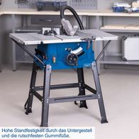 Die Tischkreissäge HS100S von Scheppach bietet hohe Standfestigkeit durch das Untergestell und rutschfesten Gummifüßen.