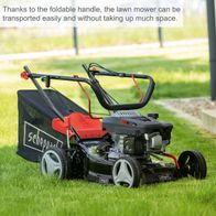 The Scheppach petrol lawnmower MP132-42 features a foldable handle for easy and space-saving transportation.