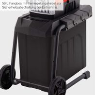 Elektro Gartenhäcksler mit 56 L Fangbox, die einen Verriegelungshebel zur Sicherheitsabschaltung bei Entnahme besitzt.