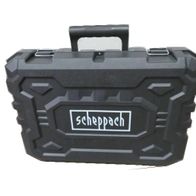 Scheppach-Koffer, frontalansicht, schwarzer Koffer mit Griff und Logo.