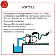 Wichtige Vorteile einer Gartenpumpe mit detaillierten Einsatzmöglichkeiten für Bewässerung und Abpumpen von Pool-/Teichwasser, wartungsfreier Betrieb, fest oder mobil einsetzbar sowie ressourcenschonende Brauchwassernutzung