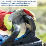 Die Akku-Kettensäge BC-CS355Duo-X von Scheppach verfügt über eine Anti-Kickback-Funktion, die die Sägekette bei Rückschlag stoppt. Sie bietet zusätzliche Sicherheit durch einen Handschutz.