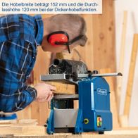 Scheppach-Dickenschleif- und Hobelmachine mit Hobelbreite 152 mm und Durchlasshöhe 120 mm, Detailansicht mit Bedienungshandgriff und Werkstückaufnahme