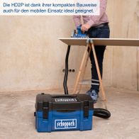 Die HD2P ist dank ihrer kompakten Bauweise auch für den mobilen Einsatz ideal geeignet. Sie verfügt über ein Kunststoffgehäuse und eine Leistung von 1250W. Inklusive Bohr-Absaugdüse und Saug-Blasdüse.