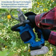 Die Akku-Kettensäge BC-TCS200-X von Scheppach verfügt über einen umlaufenden Handgriff mit Softgrip für ergonomisches Arbeiten und vielseitige Einsatzmöglichkeiten.