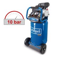 Scheppach Kompressor mit 80L Kessel, 10bar Druck, Ansaugleistung 310 l/min, 2 Kupplungen. Gezeigt von der Seite.