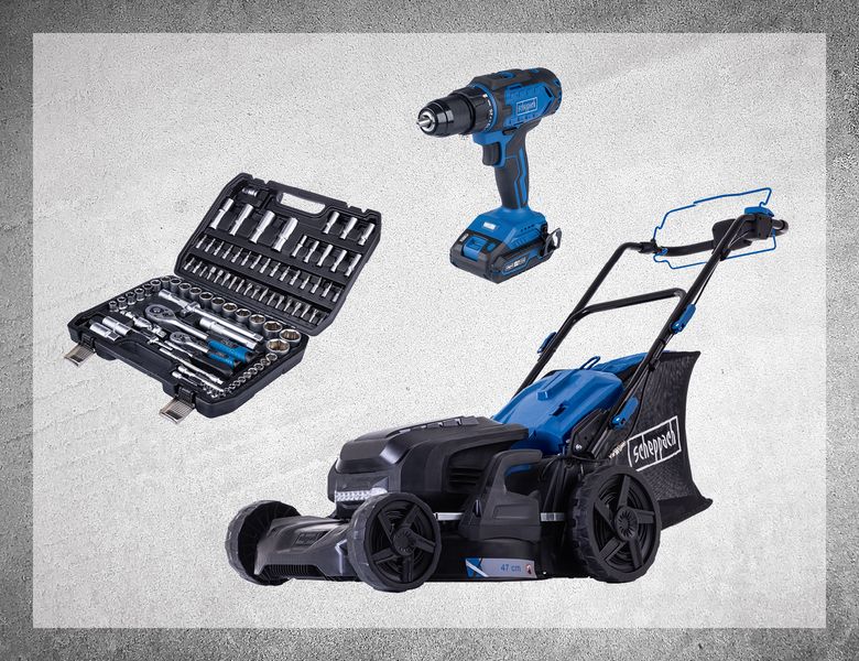 Scheppach-Werkzeugset mit Akkuschrauber, Rasenmäher und Werkzeugkasten. Perfekt für Gartenarbeit und Reparaturen.