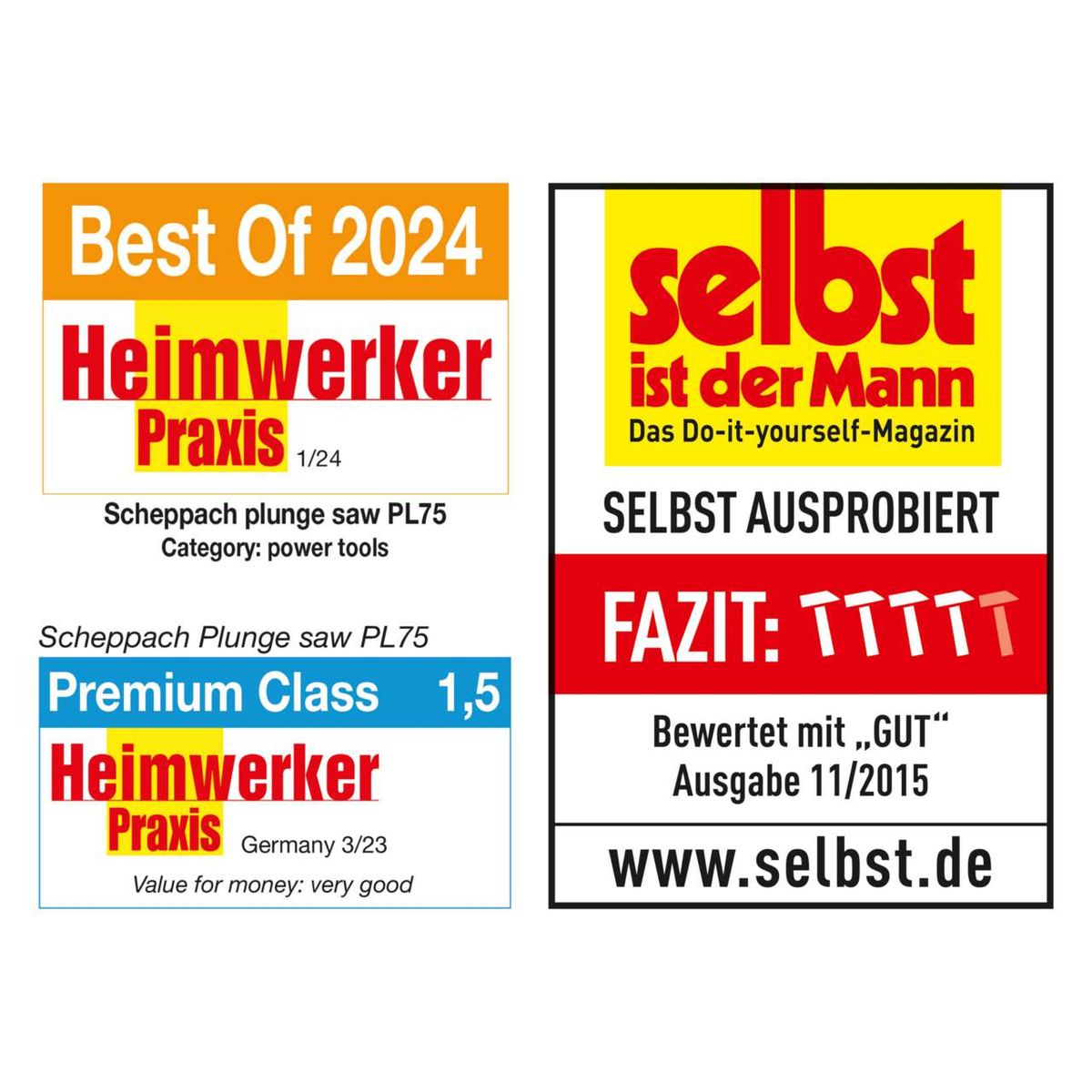 The Scheppach Plunge Saw PL75 won the 'Best Of 2024' award from Heimwerker Praxis. It is rated 'GOOD' and offers excellent value for money. More details can be found on selbst.de.