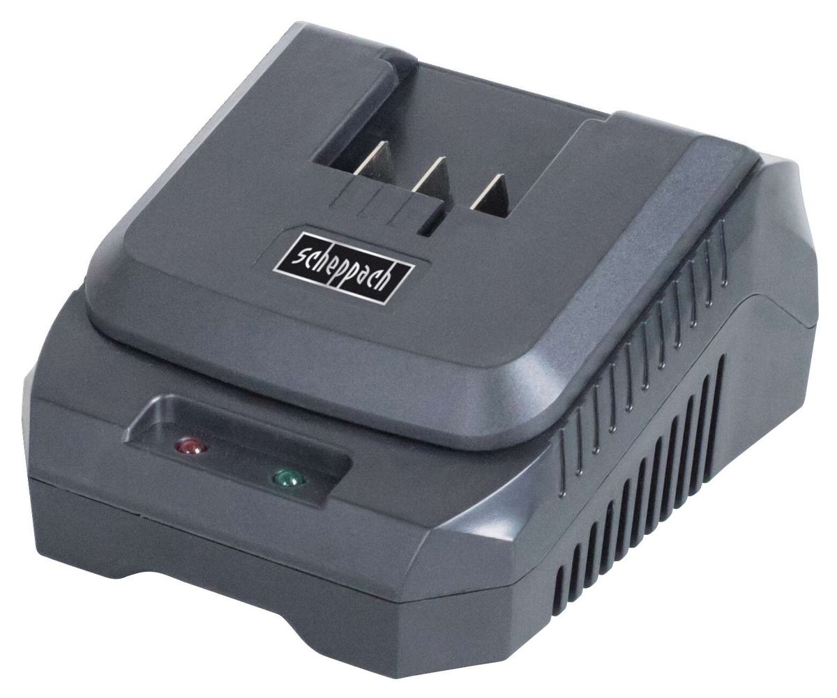 Scheppach-Ladegerät mit Anschluss für Akku-Batterie, Ladeleuchte und Kühlrippen