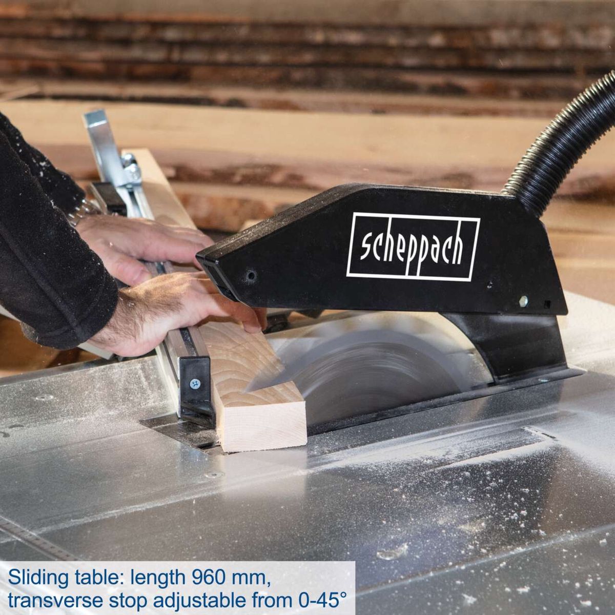 Table saw TS310 by Scheppach with sliding table, length 960 mm, transverse stop adjustable from 0-45°.