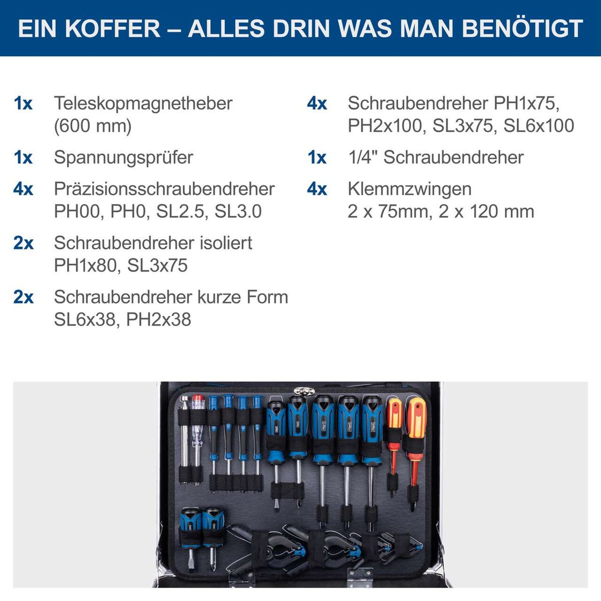 Werkzeugkoffer TB200 mit detaillierter Übersicht der enthaltenen Werkzeuge: Teleskopmagnetheber, Schraubendreher, Spannungsprüfer, Klemmzangen und Präzisionsschraubendreher-Sätze.
