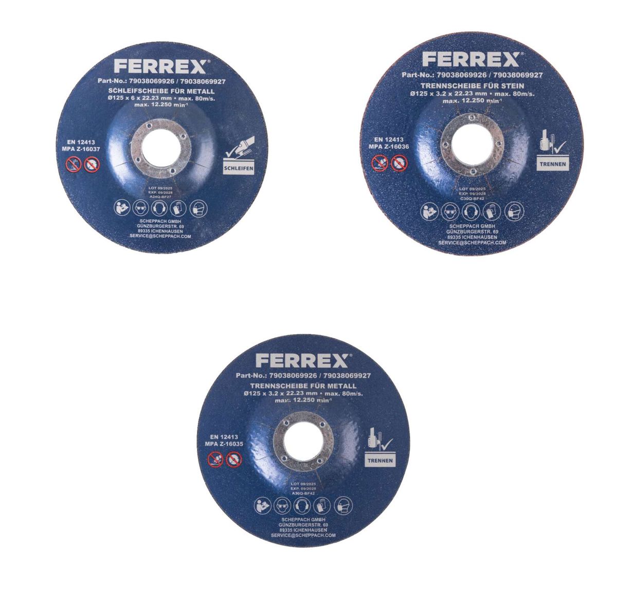Drei Trennscheiben des Trenn- und Schruppscheiben-Set 11-tlg. Ferrex Deutschland von Scheppach. Die Scheiben sind von vorne zu sehen.