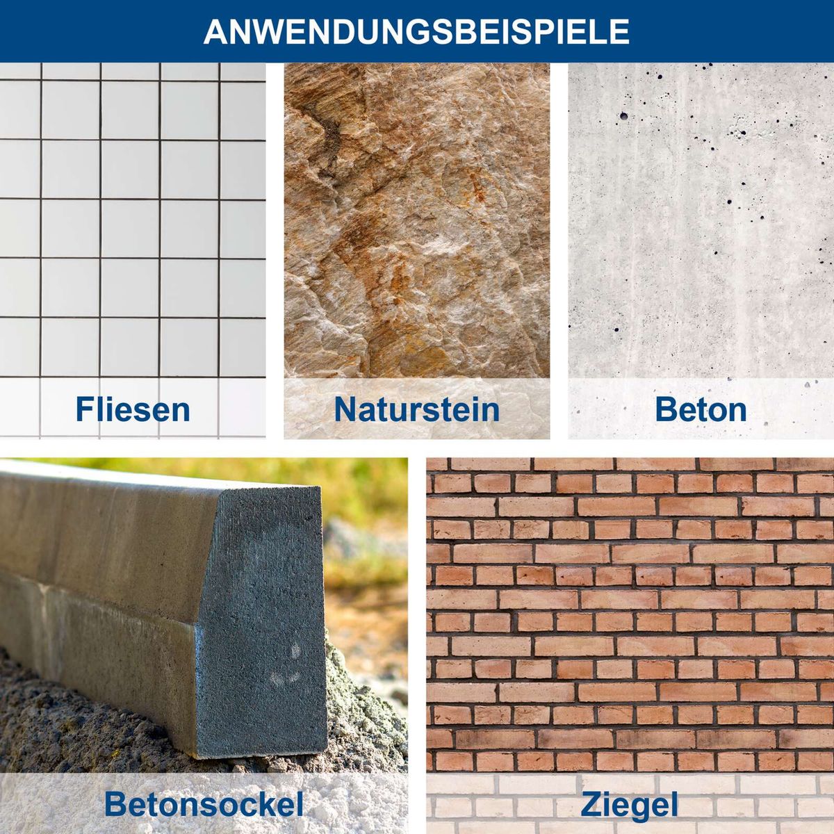 Materialbeispiele für Abbruchwerkzeuge: Naturstein, Beton, Fliesen, Ziegel und Betonsockel