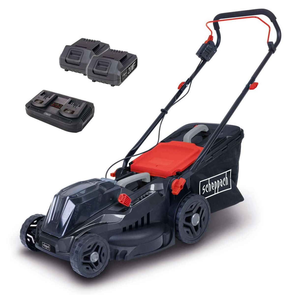 Der Akku-Rasenmäher BMP380-ProS von Scheppach mit zwei Akkus und Ladegerät. Der Mäher hat einen roten Sitz und große Räder. Die Akkus sind 20V und 40V. Der Mäher hat eine schwarze und rote Farbgebung.