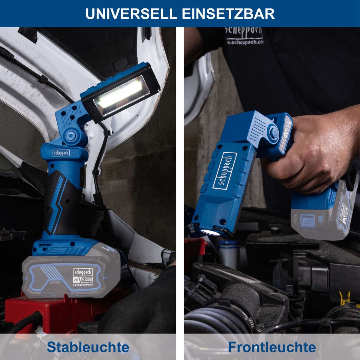 Stabile und drehbare Akku-Arbeitsleuchte mit Front- und Seitbeleuchtung für präzise Arbeitserledigung.