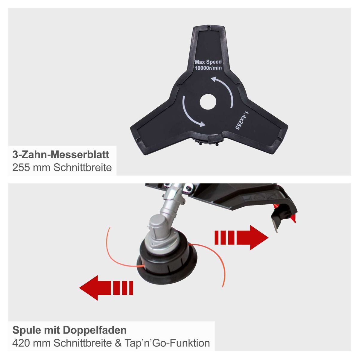Der Benzin-Freischneider PBC520 von Scheppach verfügt über ein 3-Zahn-Messerblatt mit 255 mm Schnittbreite und eine Spule mit Doppelfaden sowie 420 mm Schnittbreite und Tap’n’Go-Funktion.