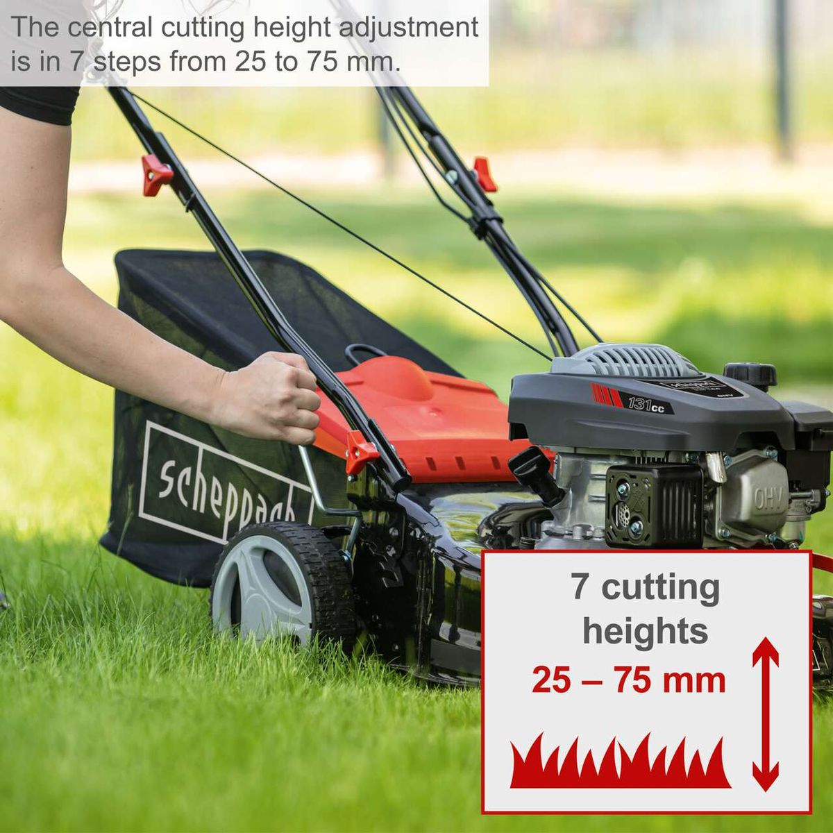 The Scheppach Petrol Push Lawnmower MP132-42 features a central cutting height adjustment in 7 steps from 25 to 75 mm.
