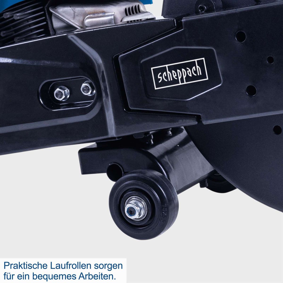 Praktische Laufrollen sorgen für ein bequemes Arbeiten. Der Benzin Trennschleifer PTS400 von Scheppach verfügt über diese praktischen Laufrollen, die das Arbeiten erleichtern.