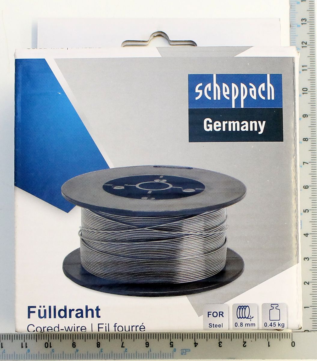 Scheppach Fülldraht 0,8 mm aus Stahl. Die Verpackung zeigt eine Spule mit Draht von oben.