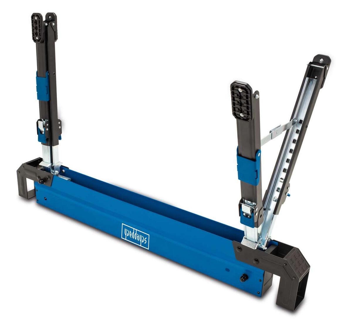 Scheppach MWB600 saw horse, side view. Two saw horses with blue and black elements, adjustable in height.