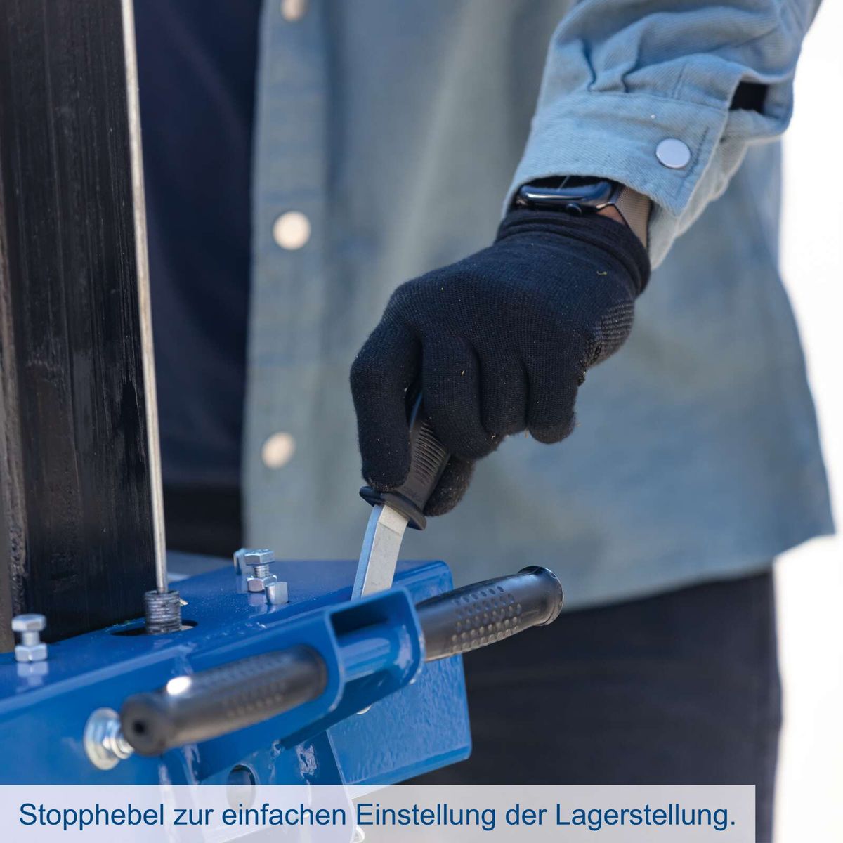 Stopphebel für einfache Einstellung der Lagerstellung eines Holzspalters