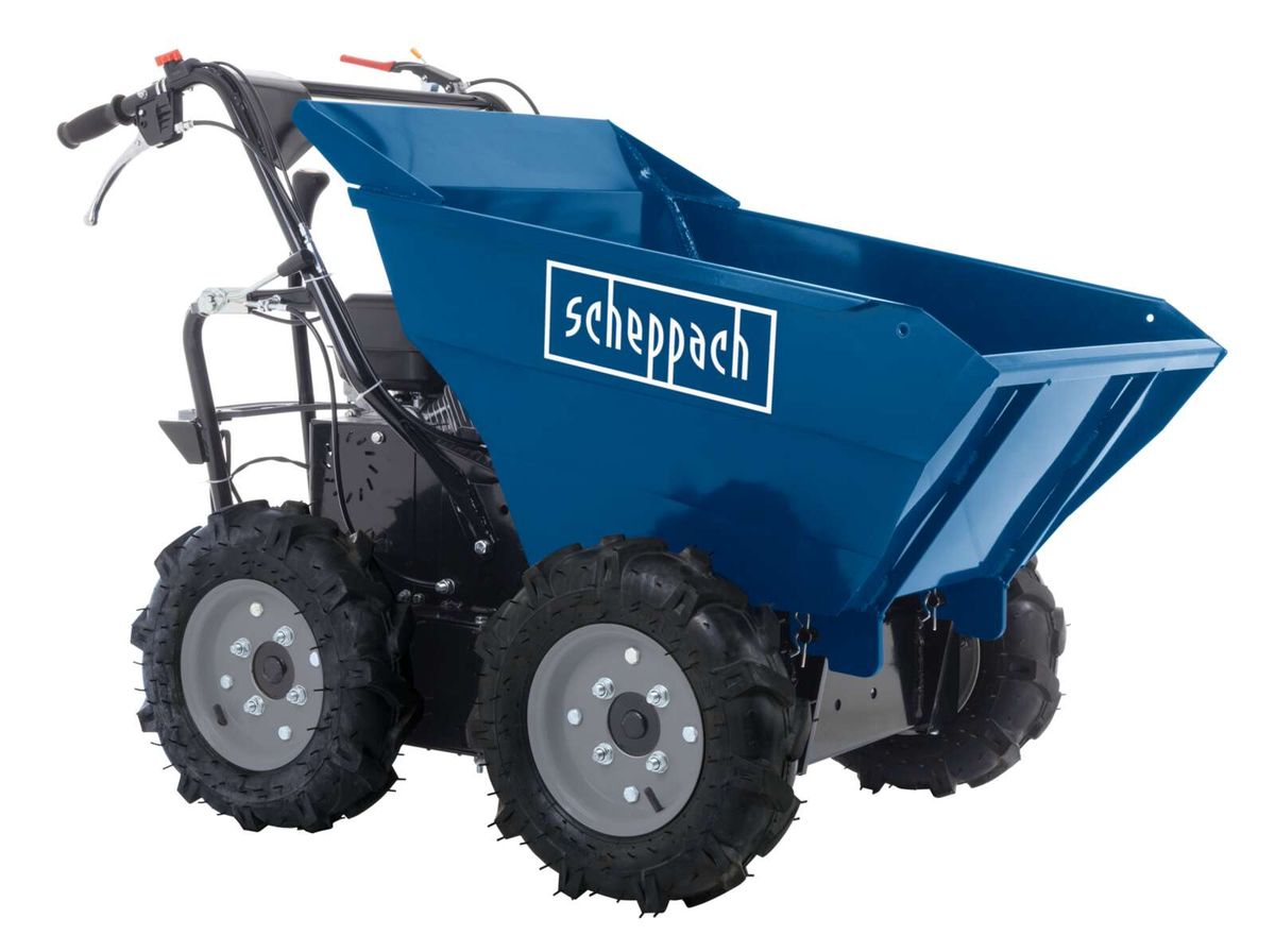 Scheppach-Dumper mit Kippbehälter, Allradantrieb und großen Reifen, Blick auf Unterseite und Vorderseite