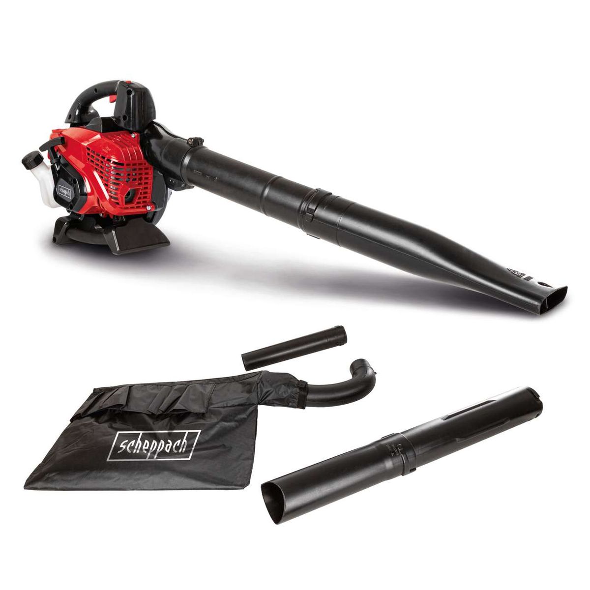 The Scheppach Petrol 4-in-1 Leaf Vacuum/Blower LBH3500P with 1.2 HP, 260 km/h and integrated shredder. Includes 50L bag. The image shows the different nozzles and the bag of the device.