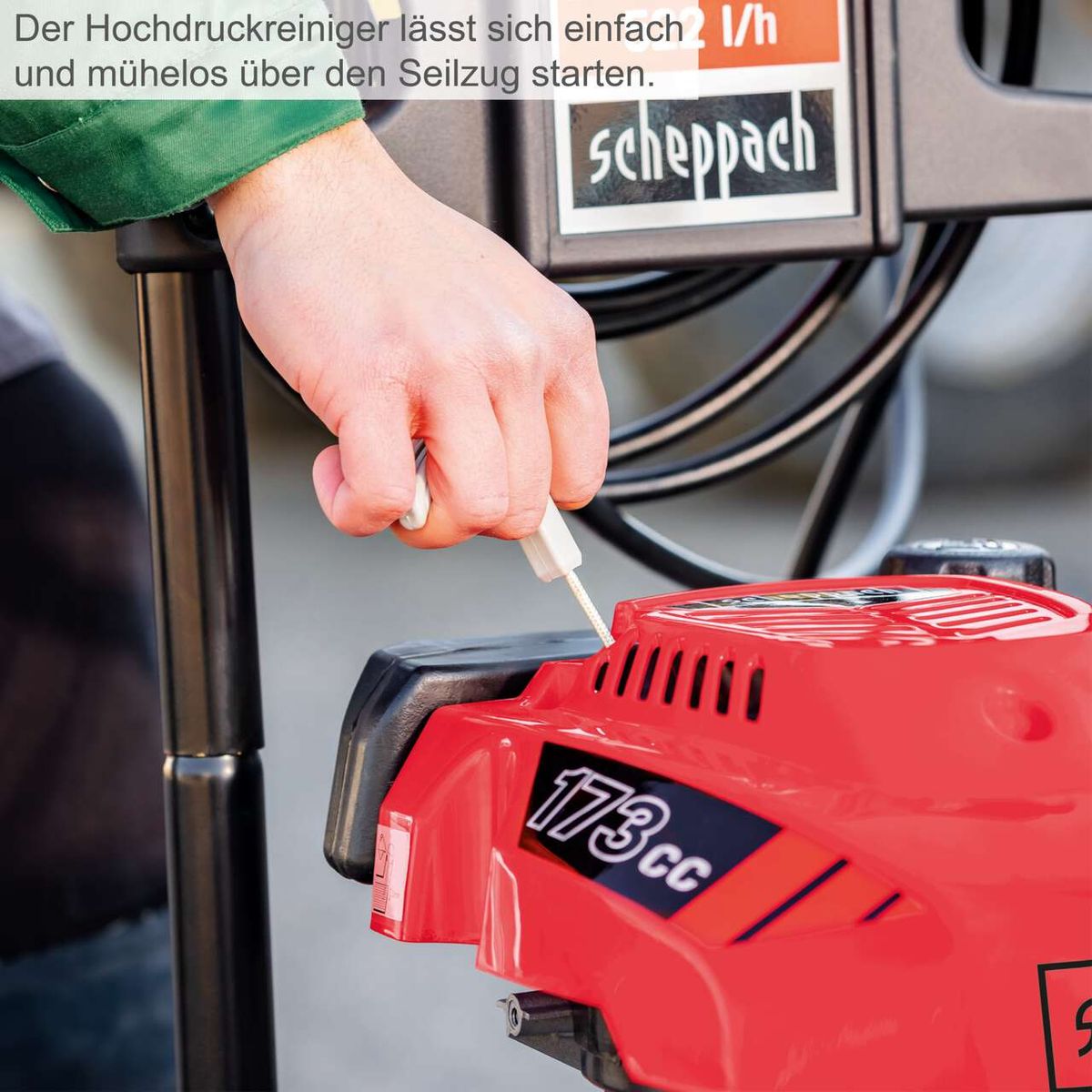 Der Hochdruckreiniger lässt sich einfach und mühelos über den Seilzug starten. Mit 173cc Hubraum und 200bar Druck. Inklusive 4 Düsenaufsätze und 7,5m Schlauch.