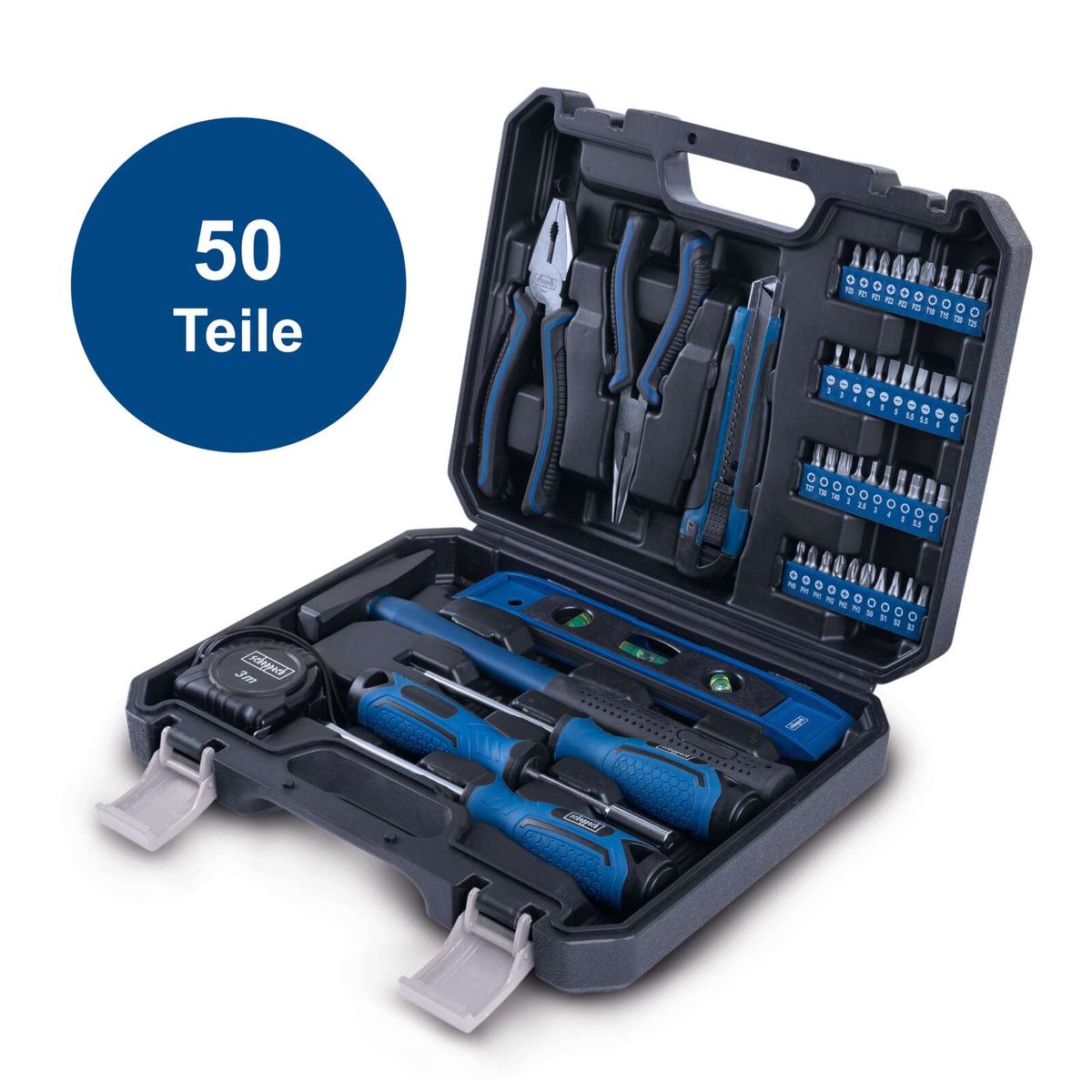 Werkzeugkoffer mit 50 Teilen inkl. Schraubendreher, Zangen, Wasserwaage, Bits und Bohrer für Scheppach-Werkzeugset