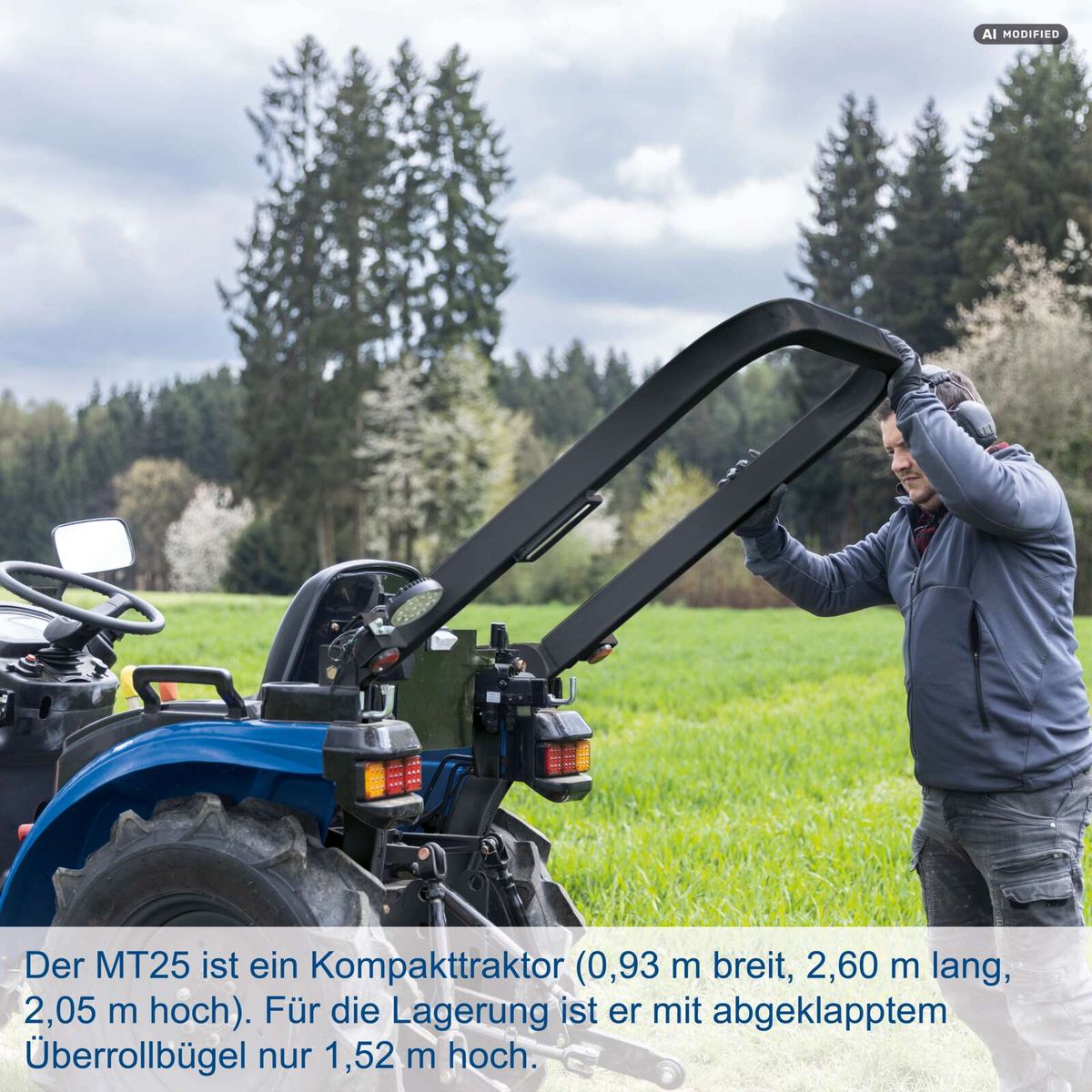 Kompakttraktor MT25 mit Abmessungen und Höhe bei aufgeklapptem Überrollbügel