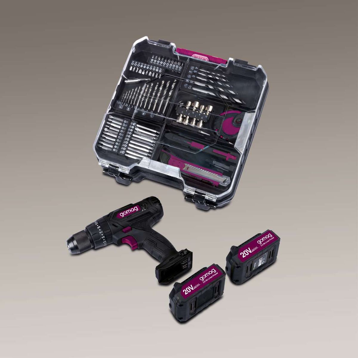 Mobile Werkstatt GO-CSK74/2 gomag: Akkuschrauber mit 20V-Lithium-Ionen-Akku, 2 Akkus und Ladegerät, inklusive Zubehörkoffer mit verschiedenen Bits und Aufbewahrungsfächern.