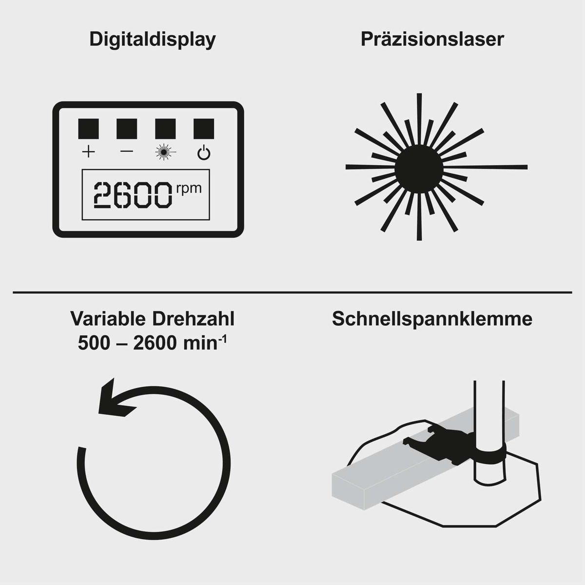 Das Produkt verfügt über ein Digitaldisplay zur Anzeige der Drehzahl, einen Präzisionslaser für präzises Arbeiten, eine variable Drehzahl von 500 bis 2600 min⁻¹ und eine Schnellspannklemme für schnelles und einfaches Spannen.