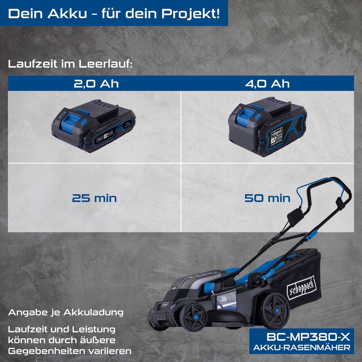 Der Akku-Rasenmäher BC-MP380-X von Scheppach. Laufzeit: 25 Minuten mit 2,0 Ah Akku, 50 Minuten mit 4,0 Ah Akku. Laufzeit und Leistung können durch äußere Gegebenheiten variieren.