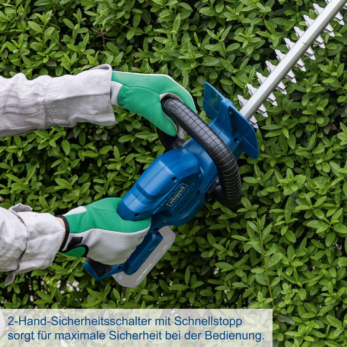 2-Hand-Sicherheitsschalter mit Schnellstopp für maximale Sicherheit beim Bedienen einer Akku-Heckenschere