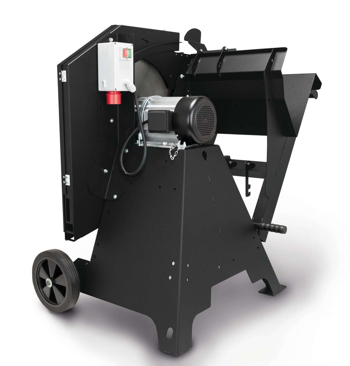 Wippsäge WOX D700 Black Edition von Scheppach, seitliche Ansicht. Die Maschine ist auf einem schwarzen Untergrund mit Rädern dargestellt.