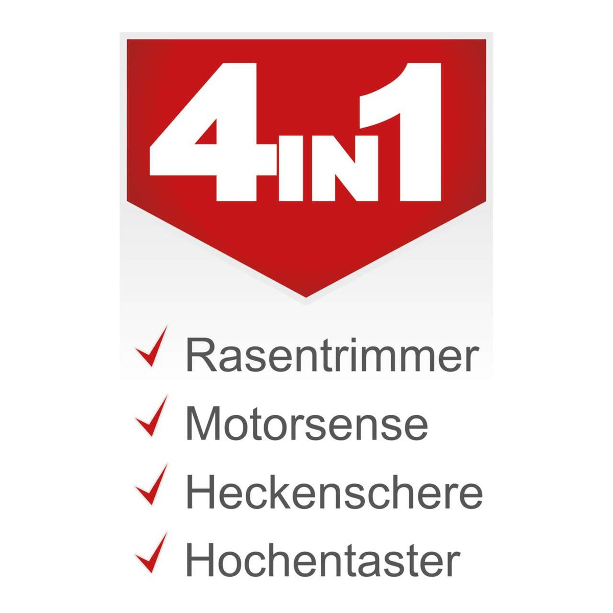 Das Multigartengerät MFH5200-4P von Scheppach bietet vier Funktionen: Rasentrimmer, Motorsense, Heckenschere und Hochentaster. Es verfügt über einen 1,3 kW (1,8 PS) 2-Takt-Benzinmotor mit Seilzugstarter.