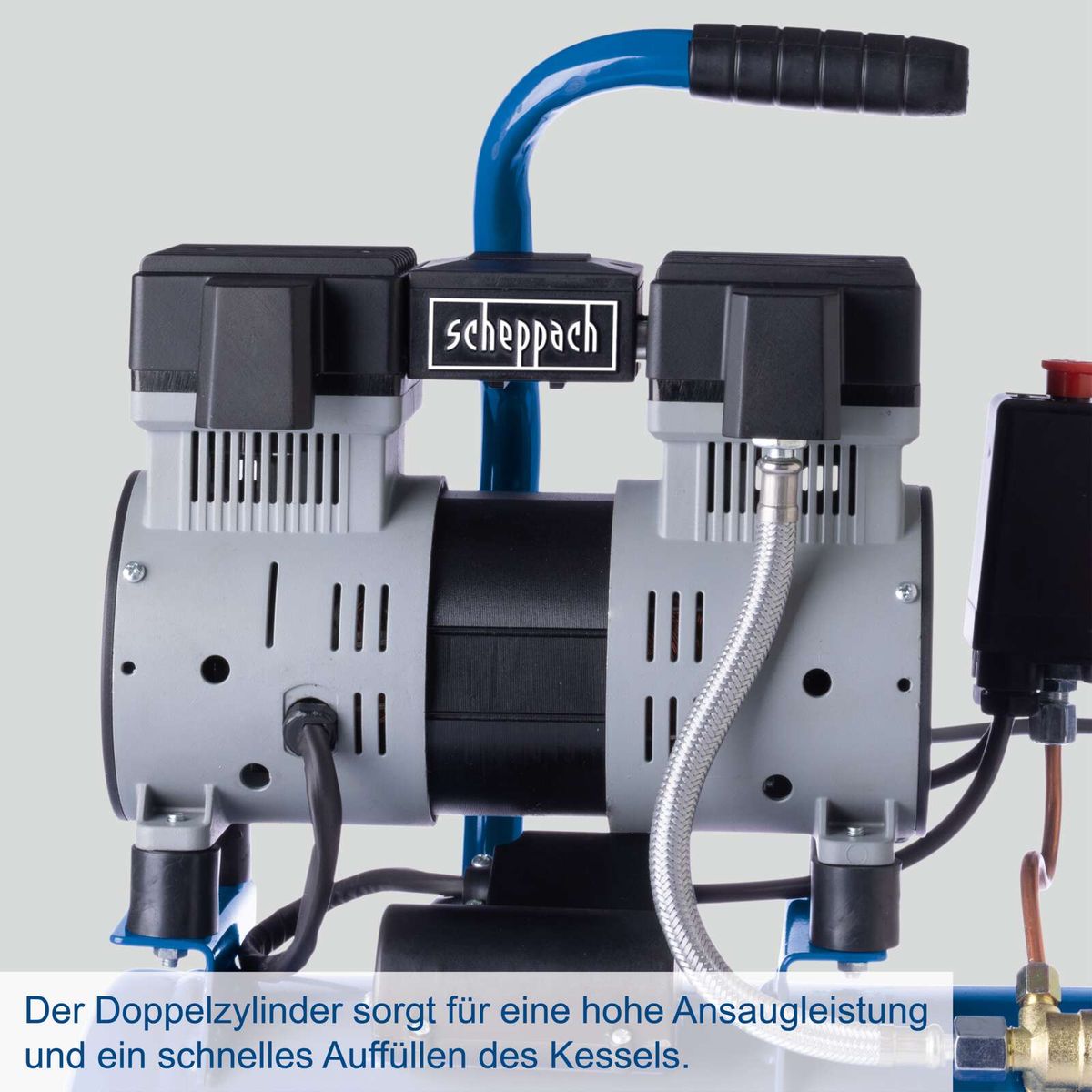 Doppelzylindrige Kompressor-Anlage mit hoher Ansaugleistung und schnellem Auffüllen des Kessels
