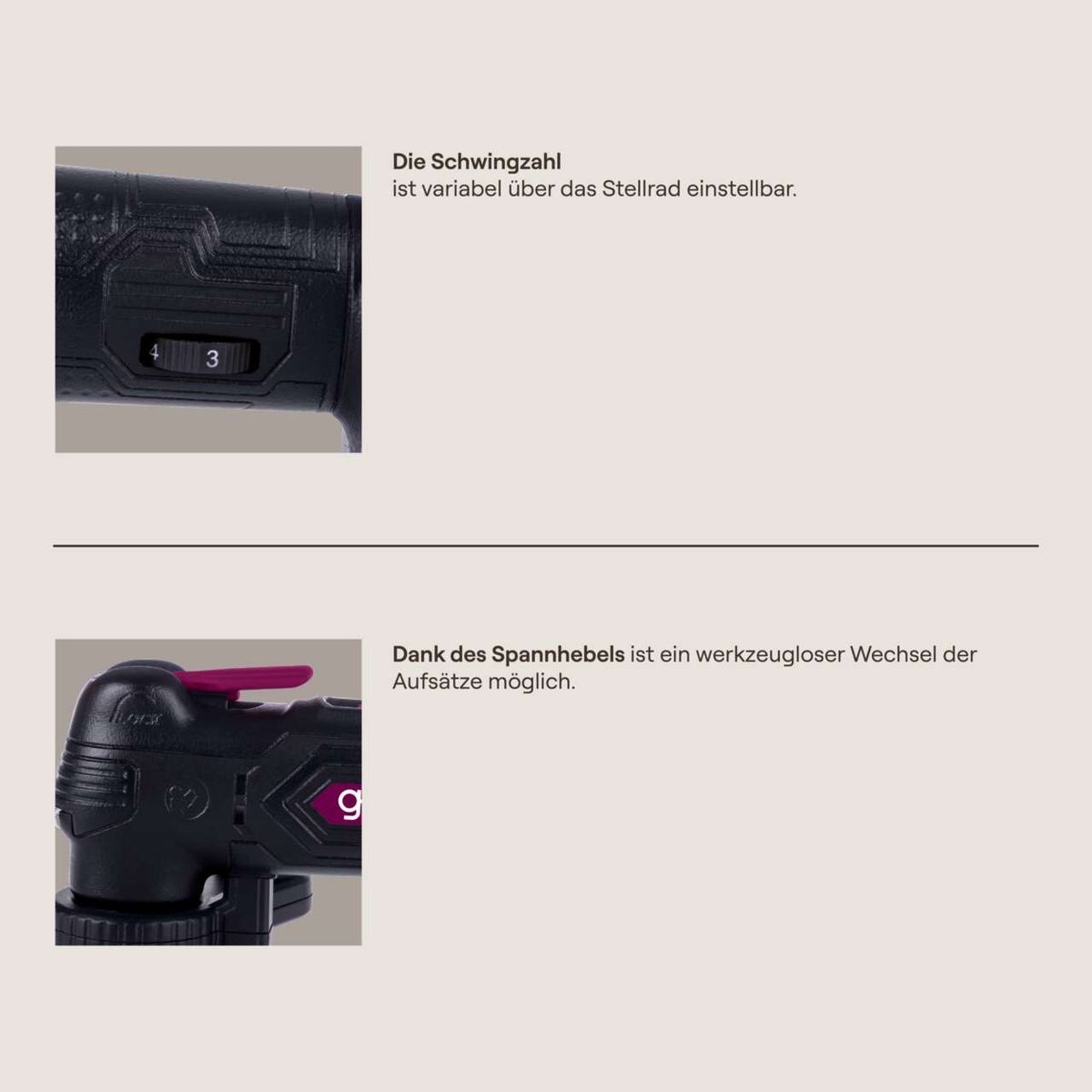 Das Akku-Multifunktionswerkzeug GO-MTL40 gomag von Scheppach bietet variable Schwingzahlen, die über ein Stellrad einstellbar sind. Dank des Spannhebels ist ein werkzeugloser Wechsel der Aufsätze möglich.