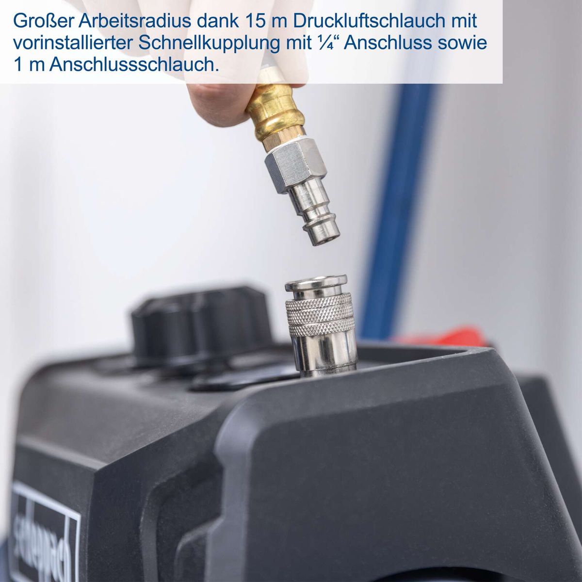 15 Meter Druckluftschlauch mit Schnellkupplung und 1 Meter Anschlussleitung für flexible Anwendung