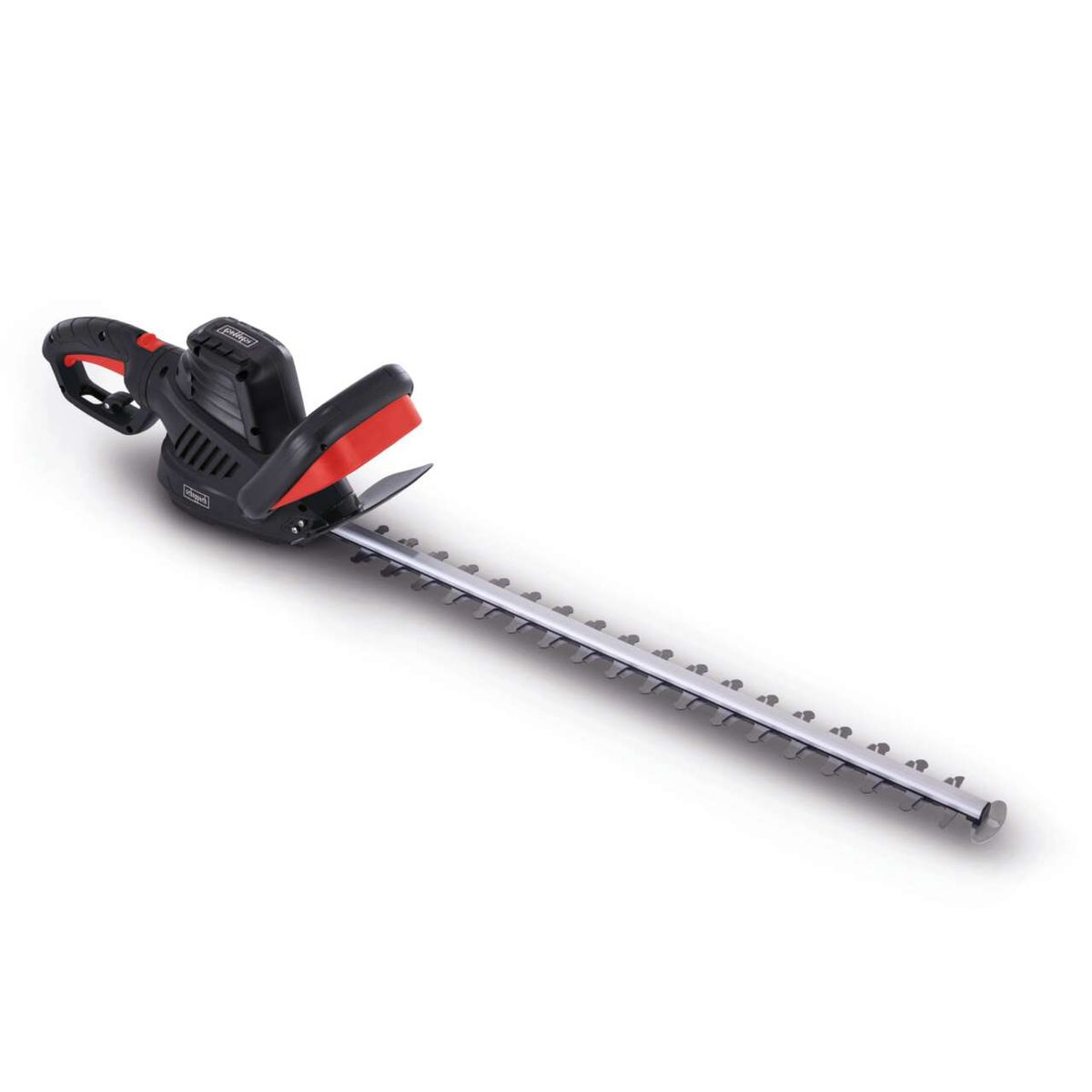 Elektro Heckenschere EHT610 mit 610mm Schnittlänge und 24mm Schnittstärke. Gezeigt von der Seite mit rotem Griff und schwarzem Gehäuse.