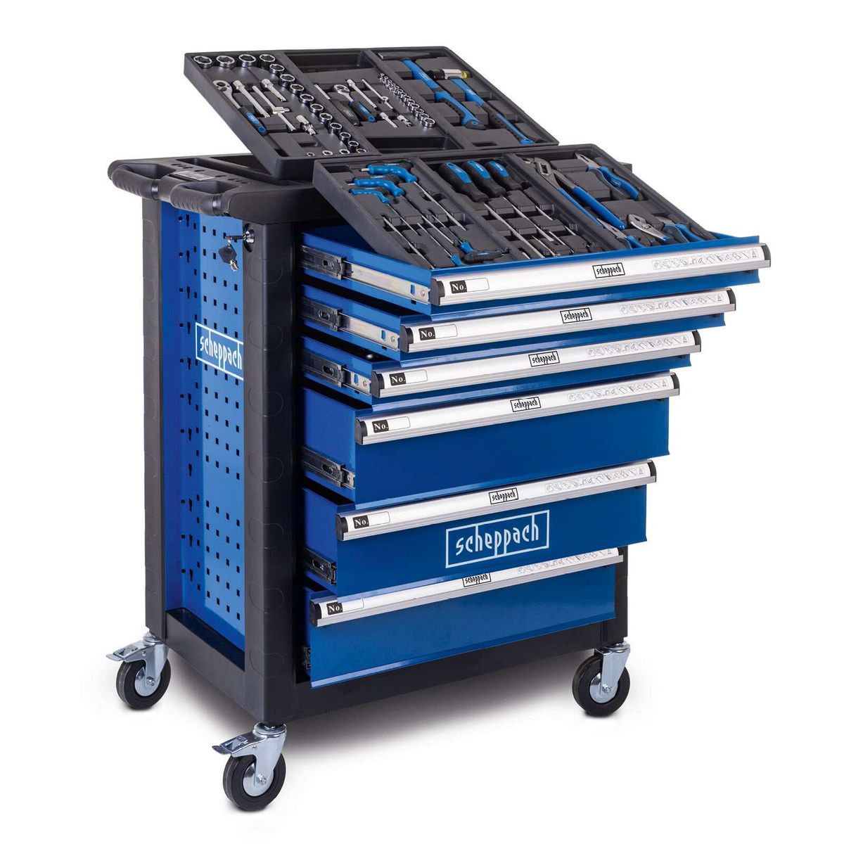 Werkstattwagen mit Schubladen für Werkzeuge von Scheppach, inkl. Rollen und verschließbaren Schubladen für präzise Organisation und Lagerung.