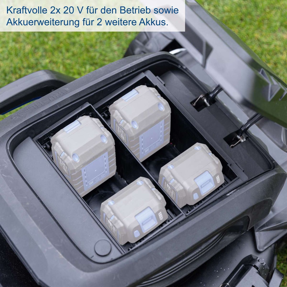 Der Akku-Rasenmäher BC-MP470-X von Scheppach bietet kraftvolle 2x 20 V für den Betrieb und verfügt über eine Akkuerweiterung für 2 weitere Akkus.