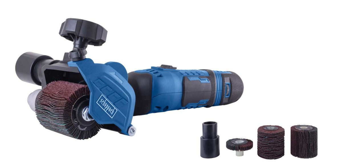 Universal-Renovierungsschleifer MRS500 von Scheppach mit drei Schleifbürstenaufsätzen. Der Schleifer ist von der Seite gezeigt.