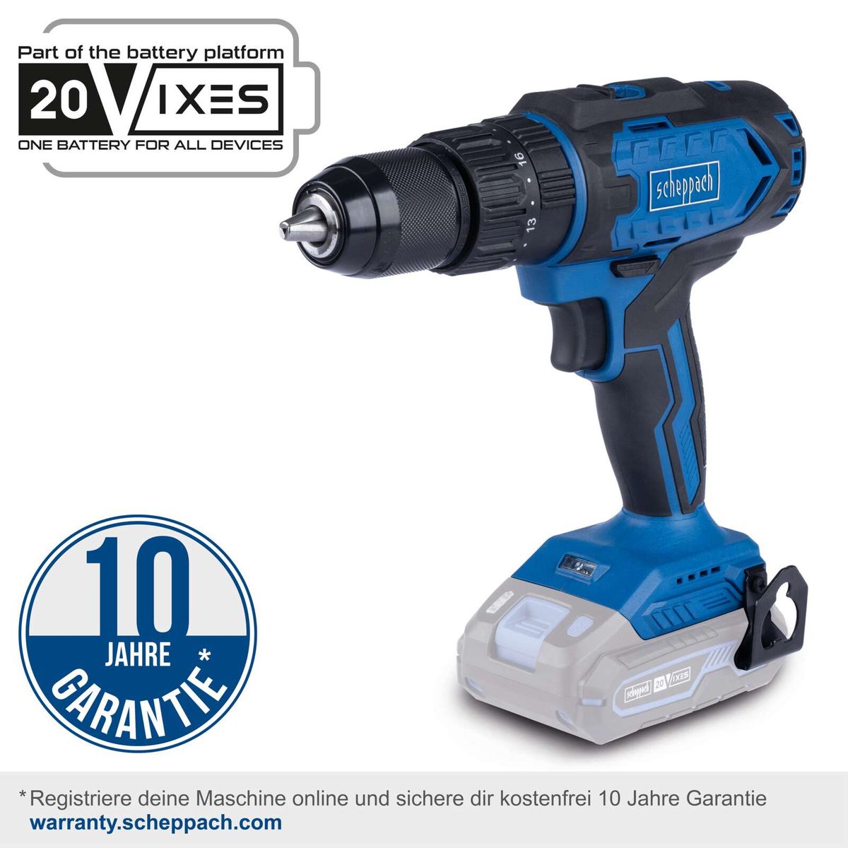 Akku-Schlagbohrmaschine C-CD45-X von Scheppach. Teil der 20VIXES Batterieplattform. Eine Batterie für alle Geräte. 10 Jahre Garantie bei Online-Registrierung auf warranty.scheppach.com.