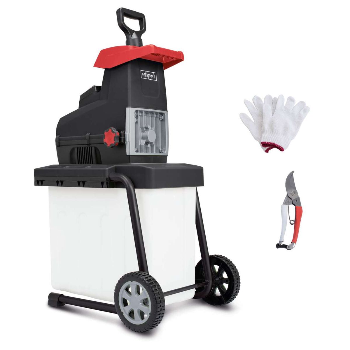 Der Scheppach Leisehäcksler GS60 mit großer Auffangbox, Handschuhen und Astschere. Die Auffangbox hat Räder für einfache Bewegung.