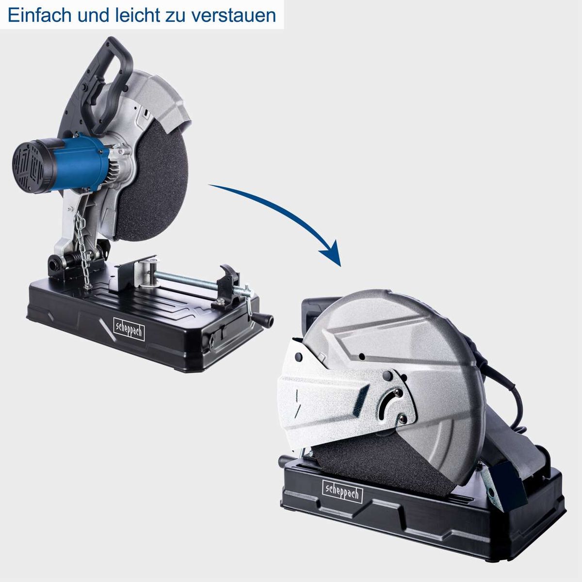Der Scheppach Metall-Trennschneider MT150 ist einfach und leicht zu verstauen. Die Schutzabdeckung kann platzsparend zusammengeklappt werden.