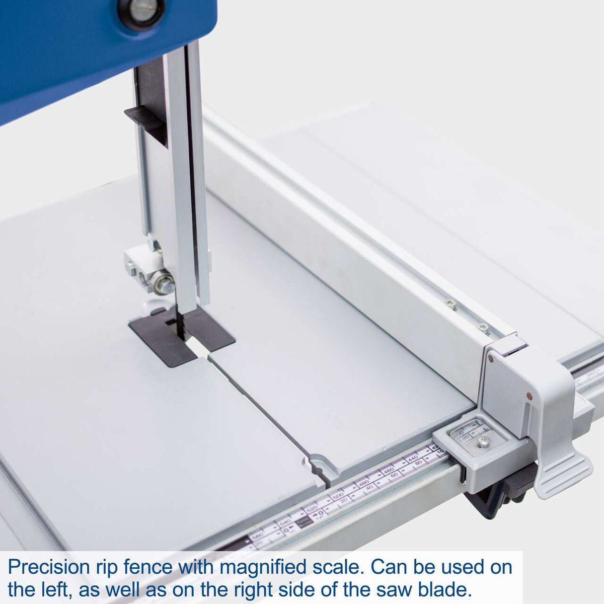 Precision rip fence with magnified scale. Can be used on the left, as well as on the right side of the saw blade.